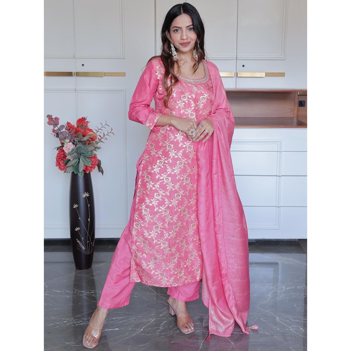 Libas Womens Woven Design Silk Blend Straight Kurta With Trousers And Dupatta