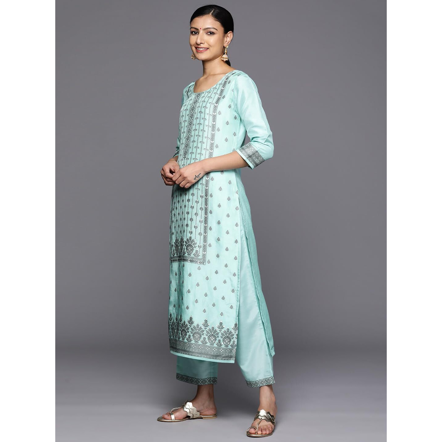 Libas Womens Woven Design Silk Blend Straight Kurta With Trousers And Dupatta