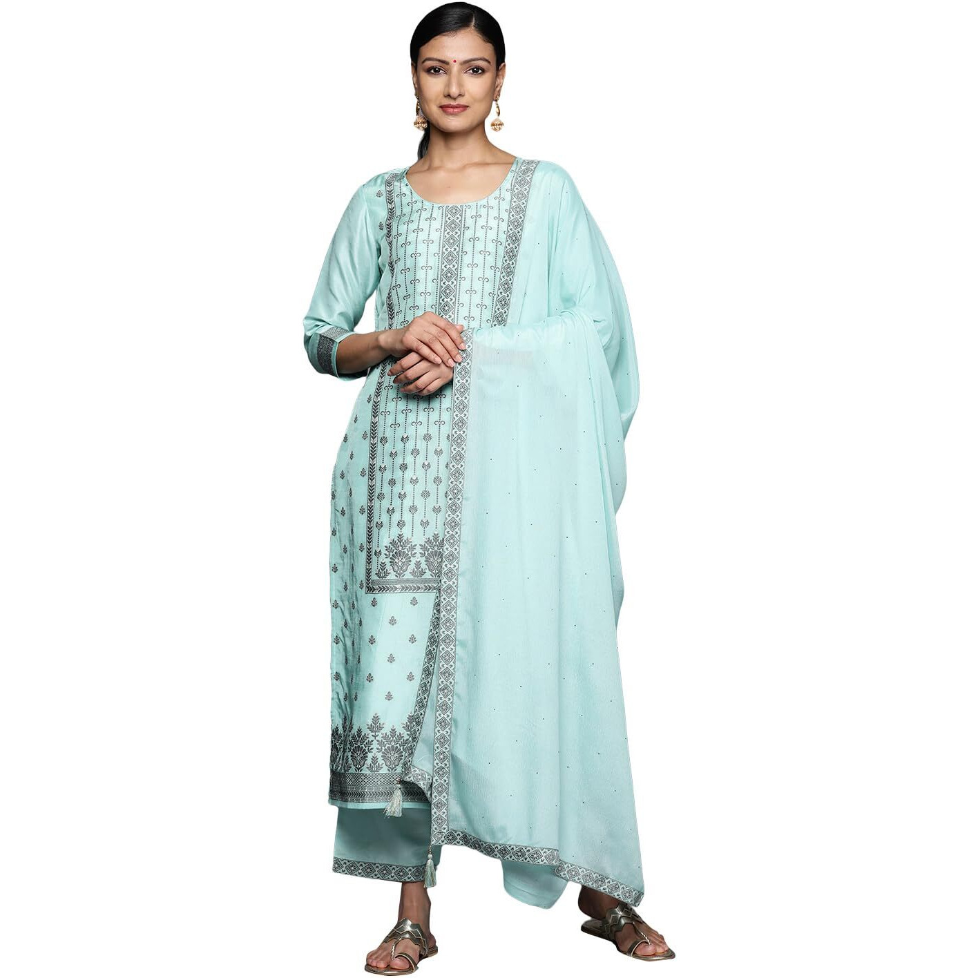 Libas Womens Woven Design Silk Blend Straight Kurta With Trousers And Dupatta