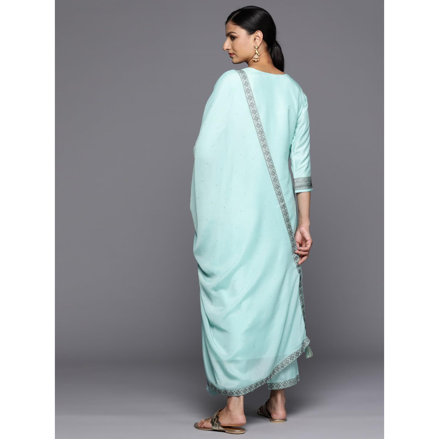 Libas Womens Woven Design Silk Blend Straight Kurta With Trousers And Dupatta