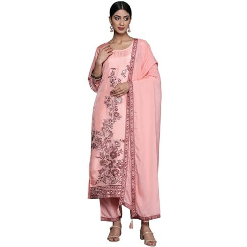 Libas Womens Woven Design Silk Blend Straight Kurta With Trousers And Dupatta