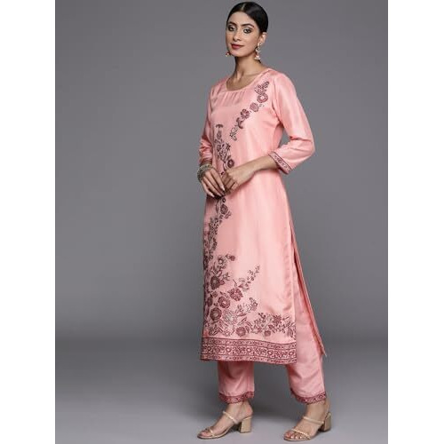 Libas Womens Woven Design Silk Blend Straight Kurta With Trousers And Dupatta