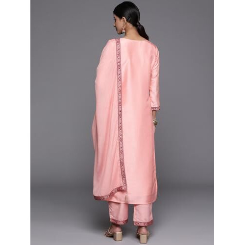 Libas Womens Woven Design Silk Blend Straight Kurta With Trousers And Dupatta