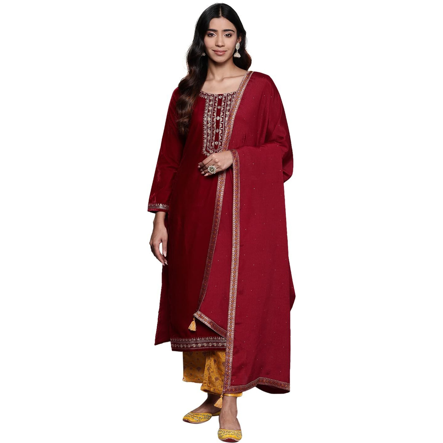 Libas Womens Yoke Design Velvet Straight Kurta With Trousers And Dupatta