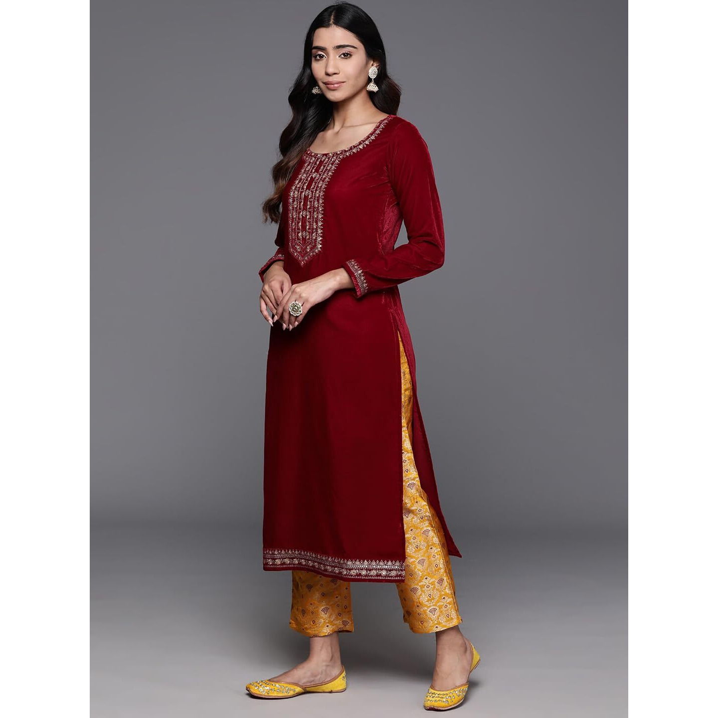 Libas Womens Yoke Design Velvet Straight Kurta With Trousers And Dupatta