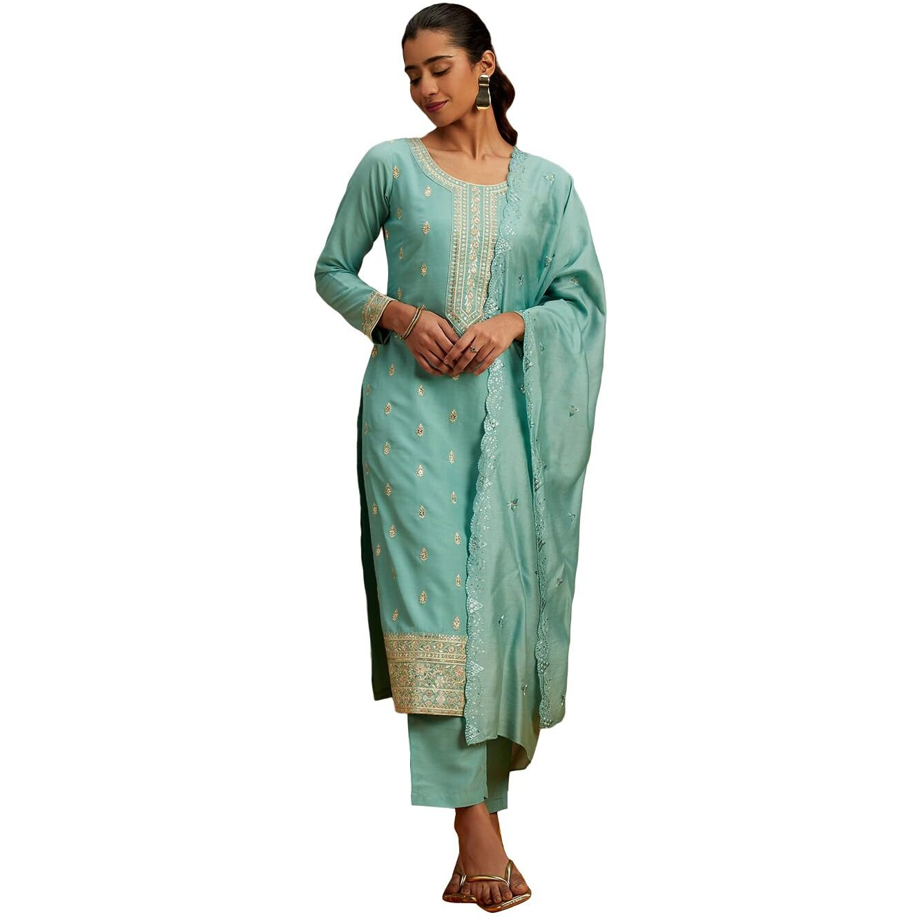 Libas Womens Embroidered Silk Straight Kurta With Trousers And Dupatta