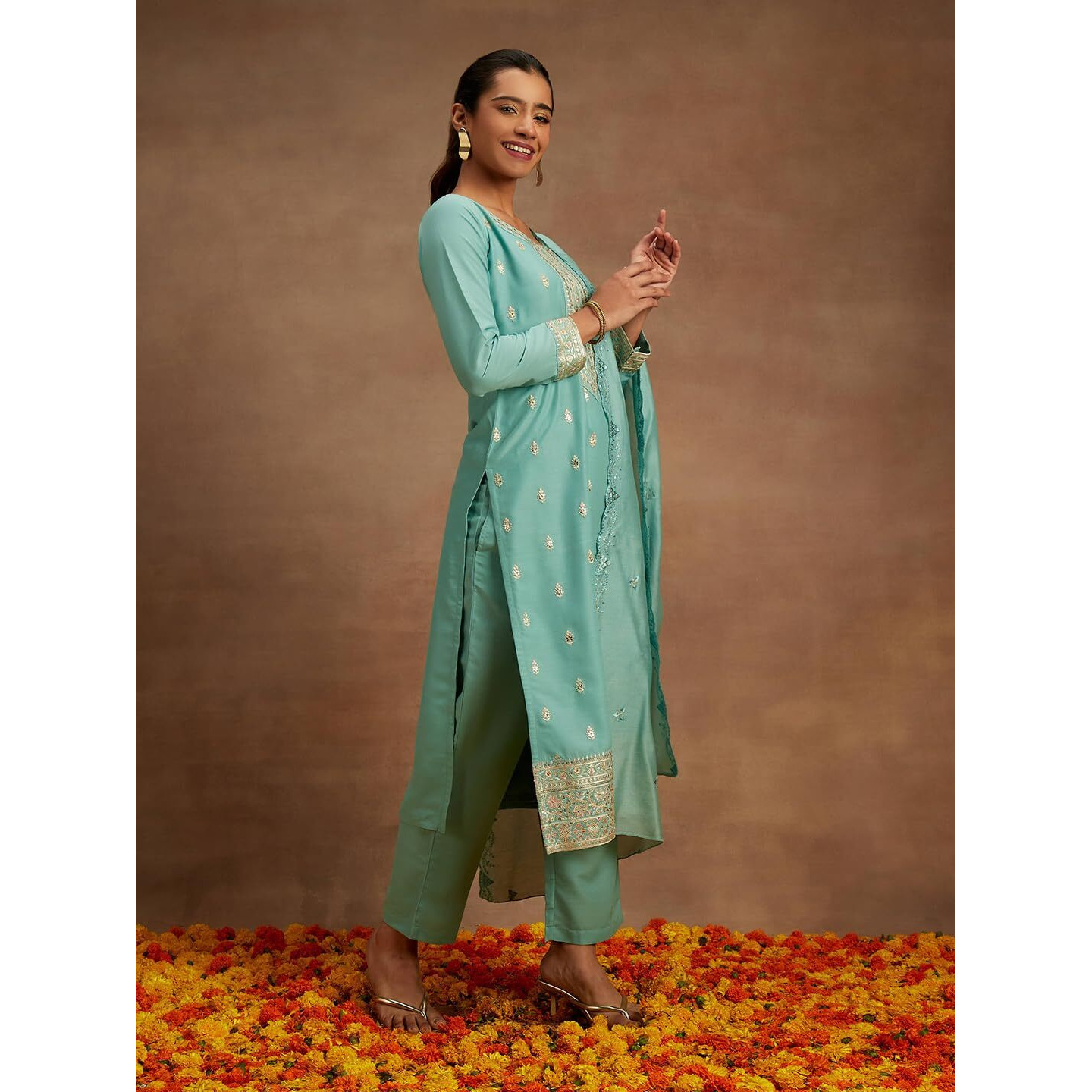Libas Womens Embroidered Silk Straight Kurta With Trousers And Dupatta