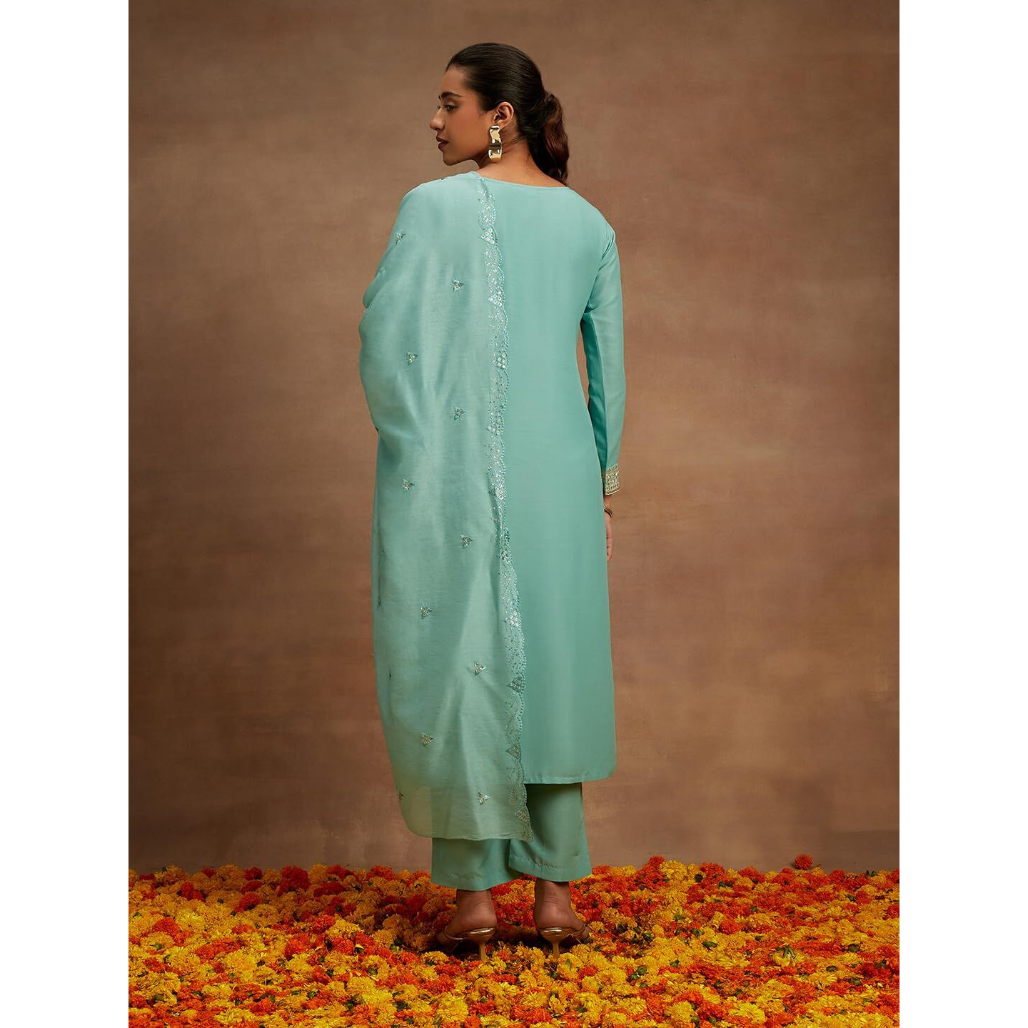 Libas Womens Embroidered Silk Straight Kurta With Trousers And Dupatta
