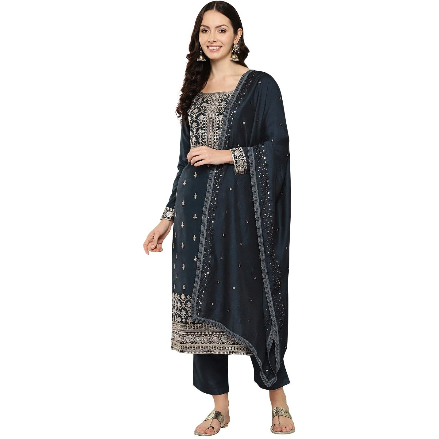Libas Womens Printed Silk Straight Kurta With Trousers And Dupatta