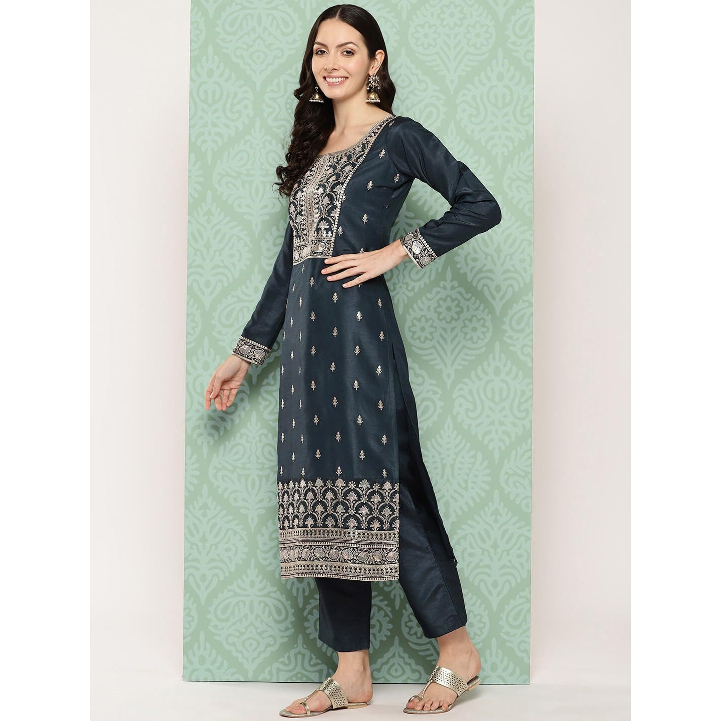 Libas Womens Printed Silk Straight Kurta With Trousers And Dupatta