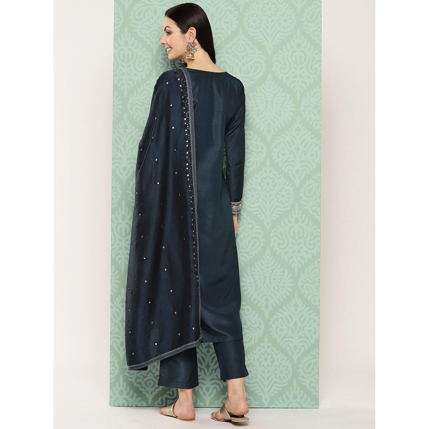 Libas Womens Printed Silk Straight Kurta With Trousers And Dupatta