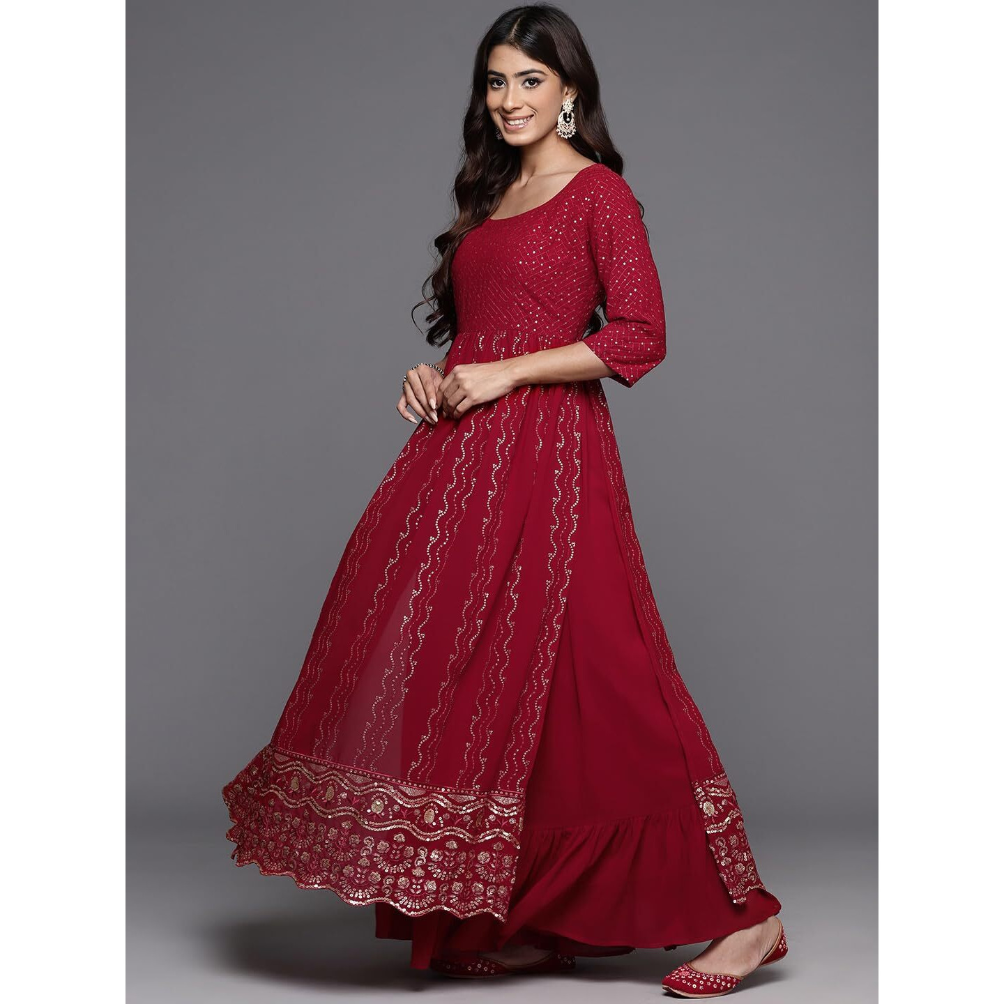 Libas Womens Embroidered Georgette A-Line Kurta With Palazzos And Dupatta