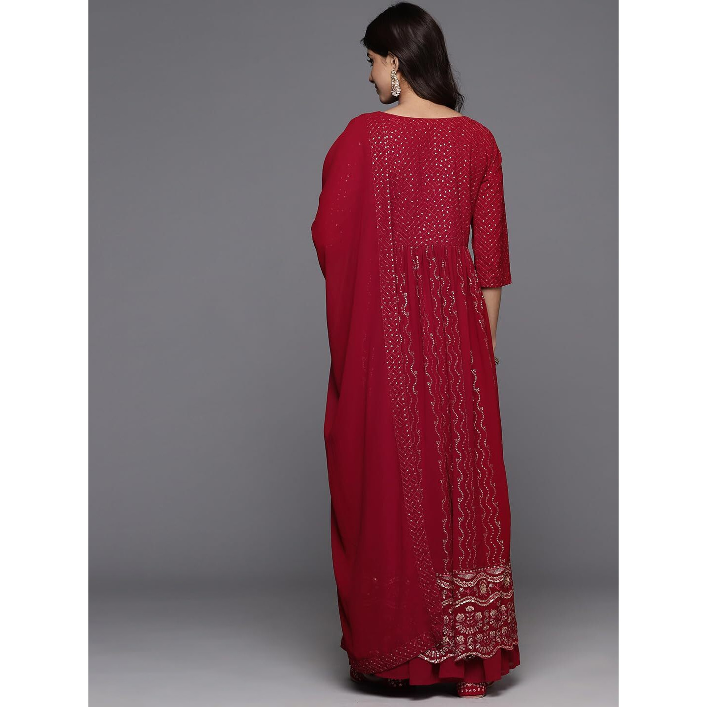 Libas Womens Embroidered Georgette A-Line Kurta With Palazzos And Dupatta