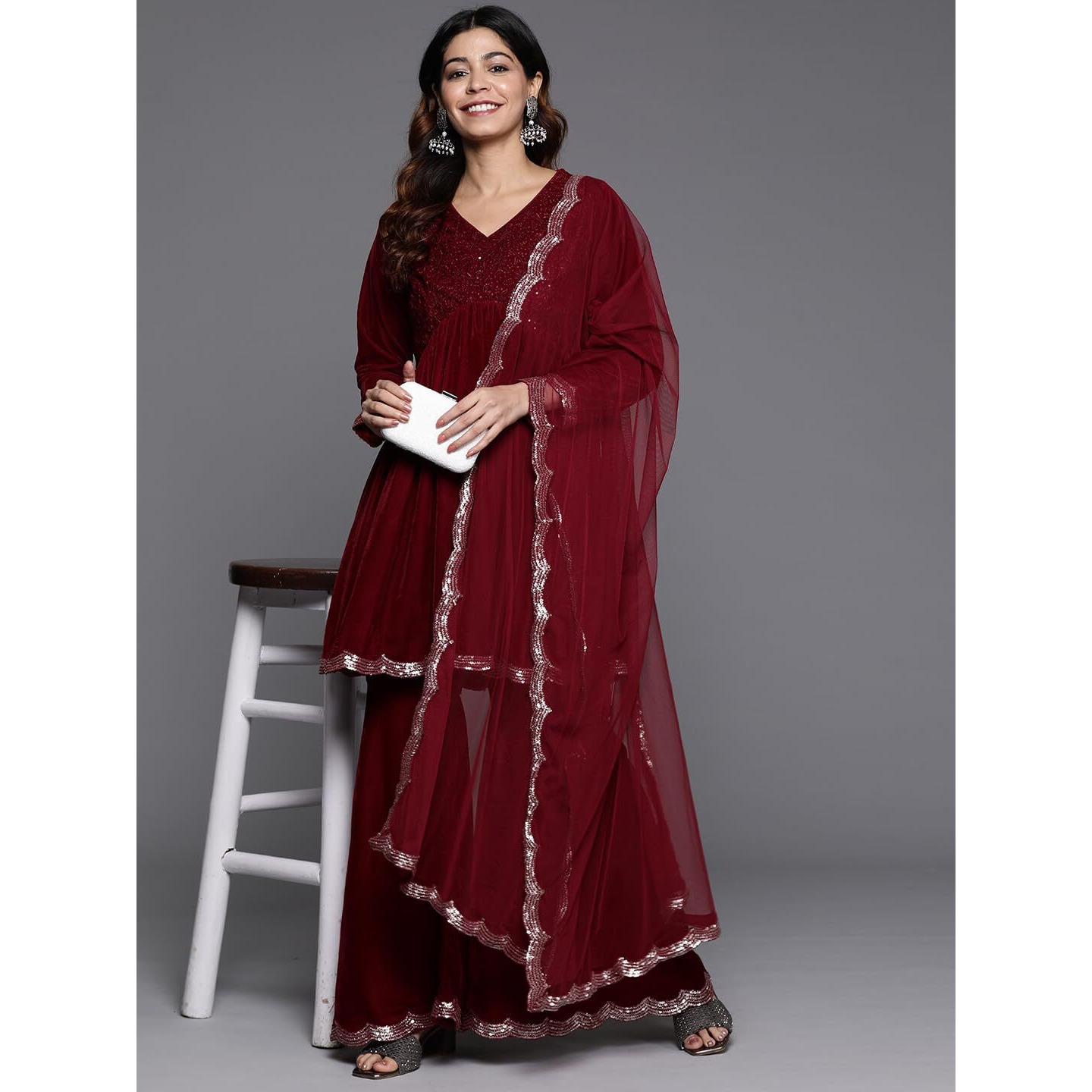Libas Women's Velvet Kurta Set (34824, Maroon, Large