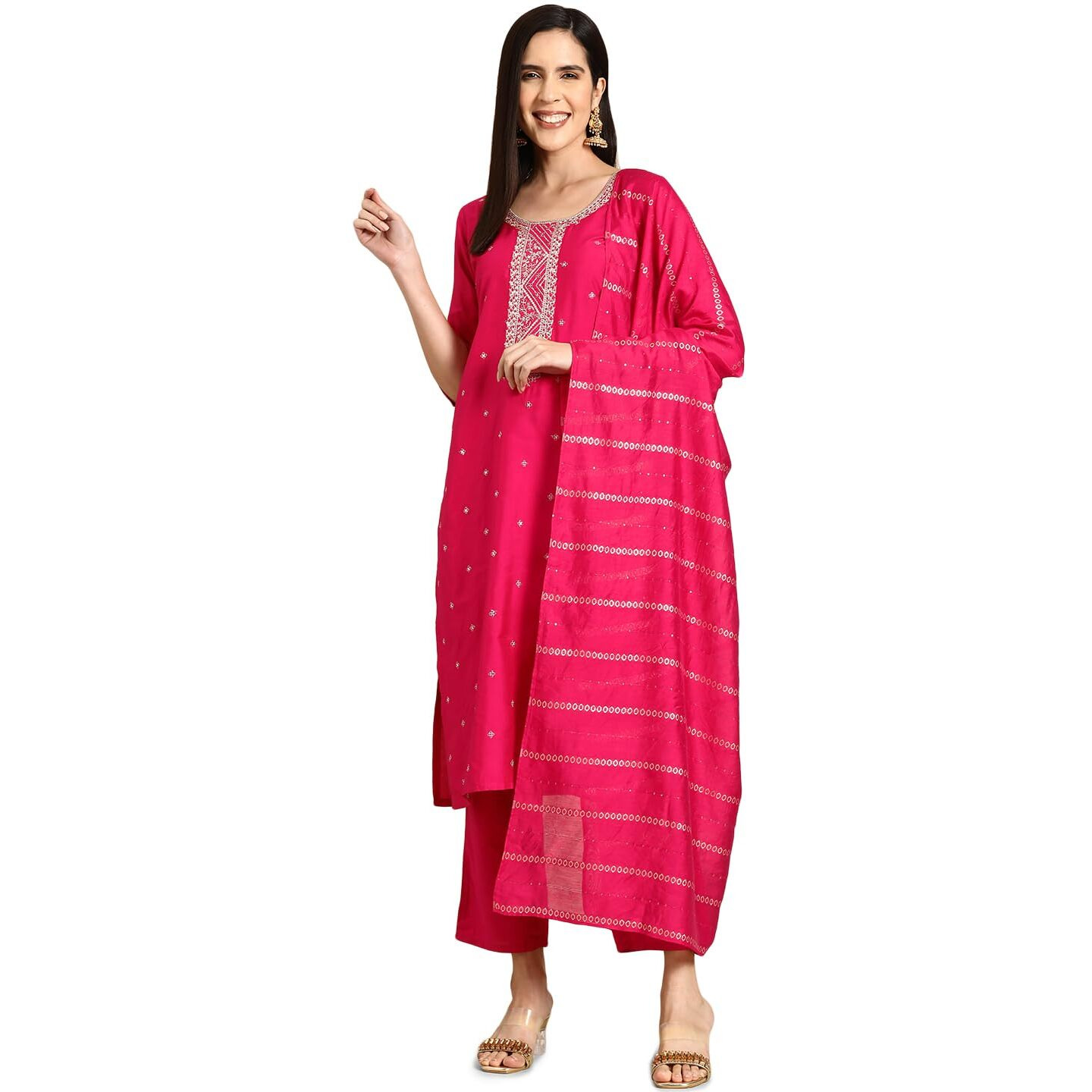 Libas Gerua Womens Yoke Design Silk Blend Straight Kurta With Trousers And Dupatta