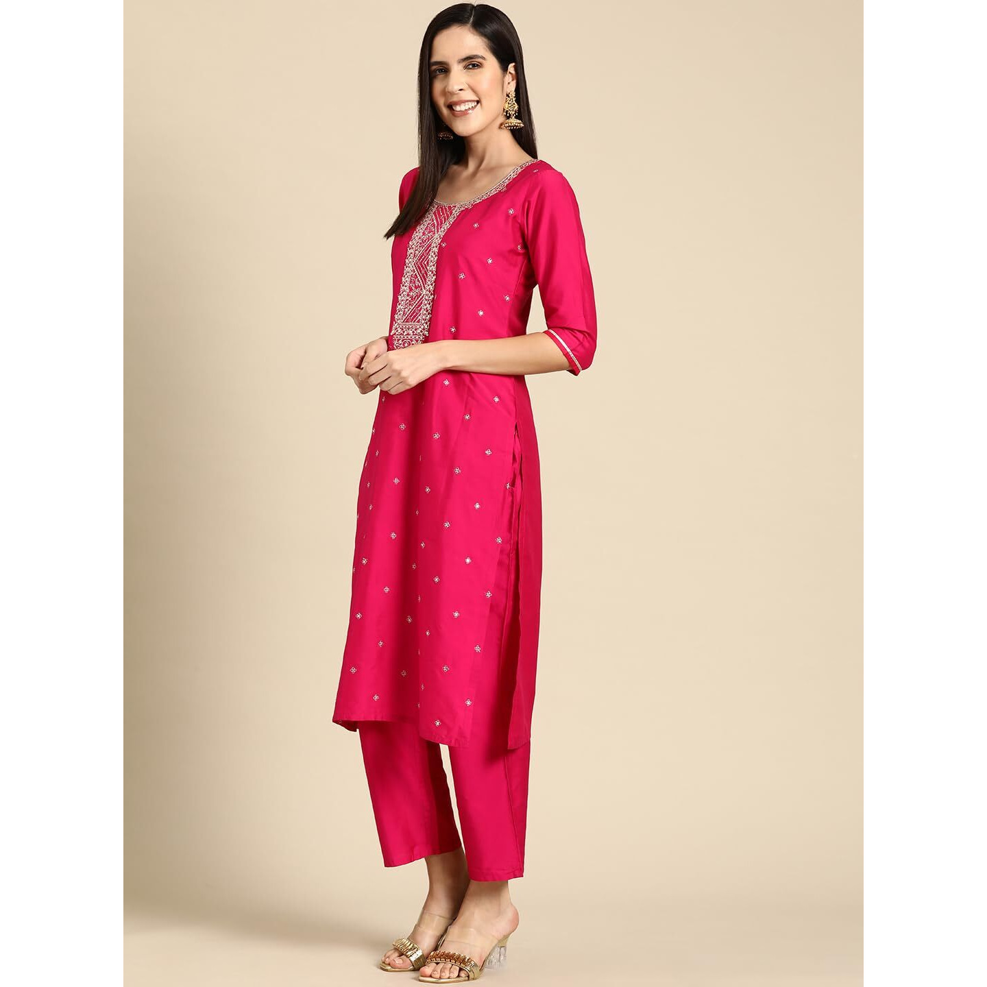 Libas Gerua Womens Yoke Design Silk Blend Straight Kurta With Trousers And Dupatta