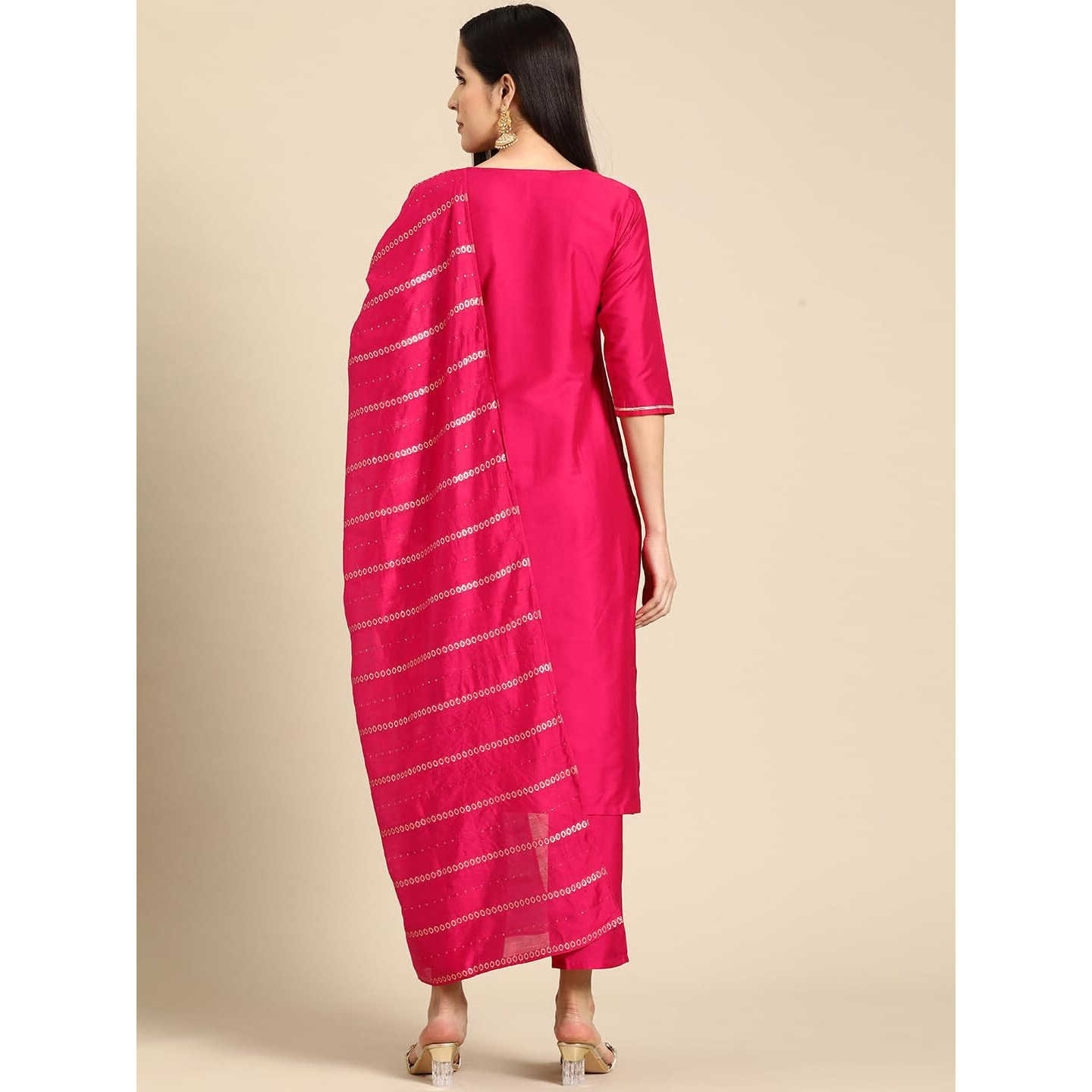Libas Gerua Womens Yoke Design Silk Blend Straight Kurta With Trousers And Dupatta