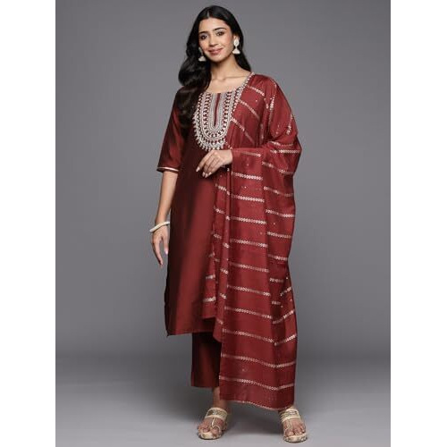 Libas Women's Silk Blend Kurta Sets (Gs803_Maroon