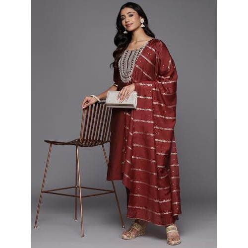 Libas Women's Silk Blend Kurta Sets (Gs803_Maroon