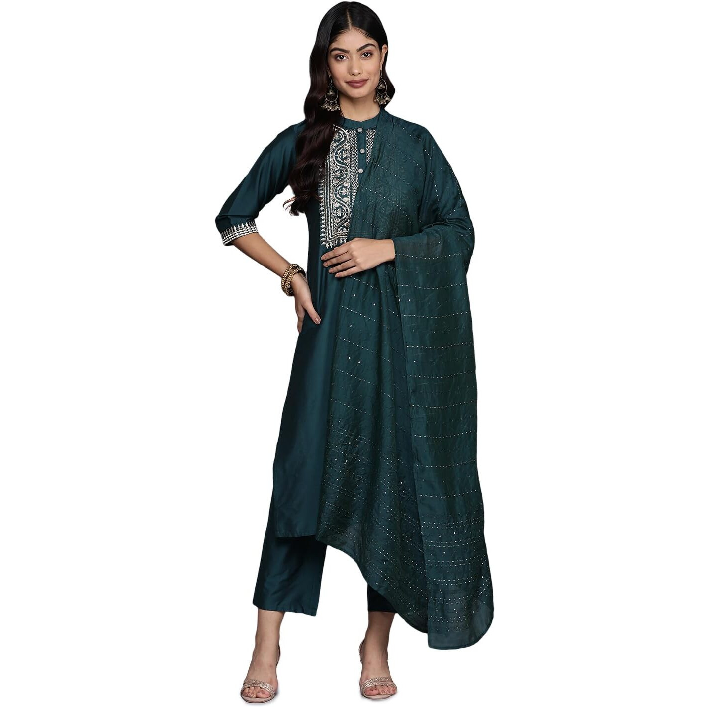 Libas Gerua Womens Yoke Design Silk Blend Straight Kurta With Trousers And Dupatta