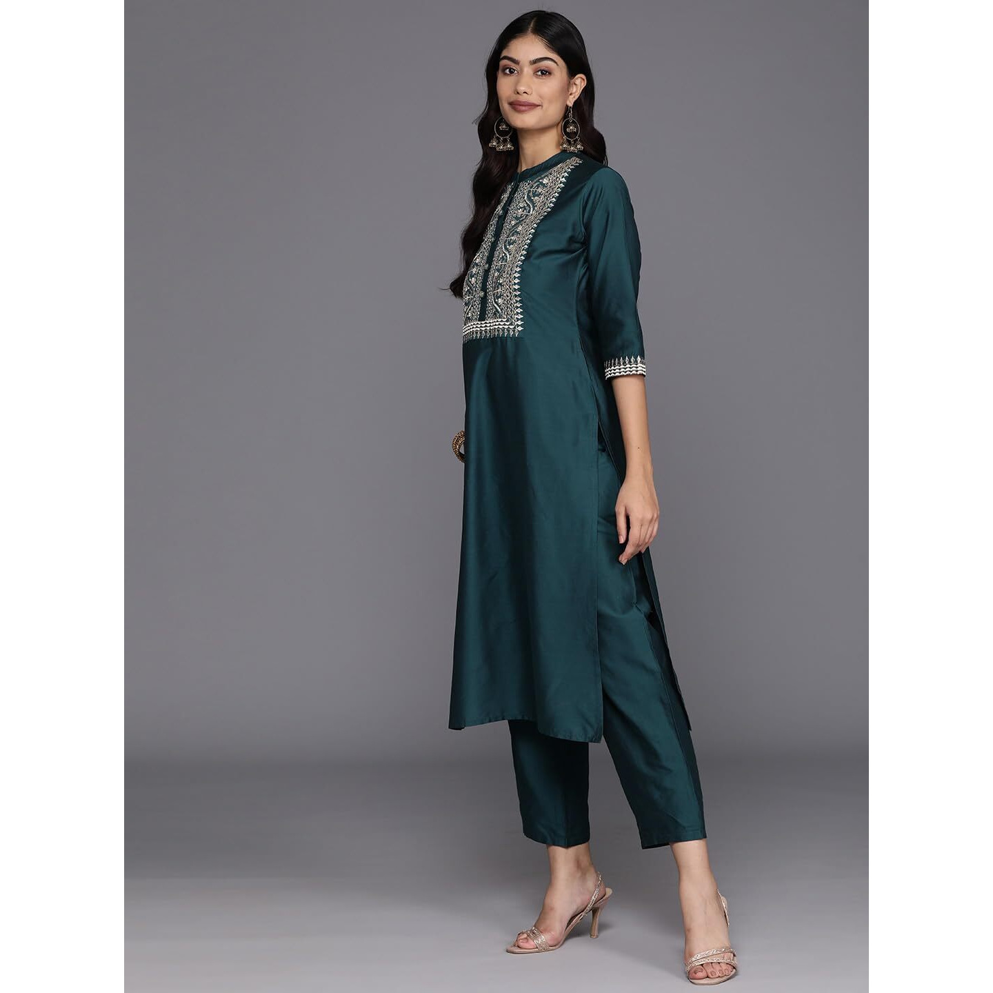 Libas Gerua Womens Yoke Design Silk Blend Straight Kurta With Trousers And Dupatta