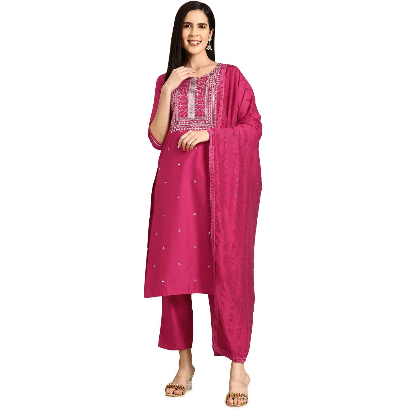 Libas Pink Yoke Design Silk Blend Straight Kurta With Trousers & Dupatta