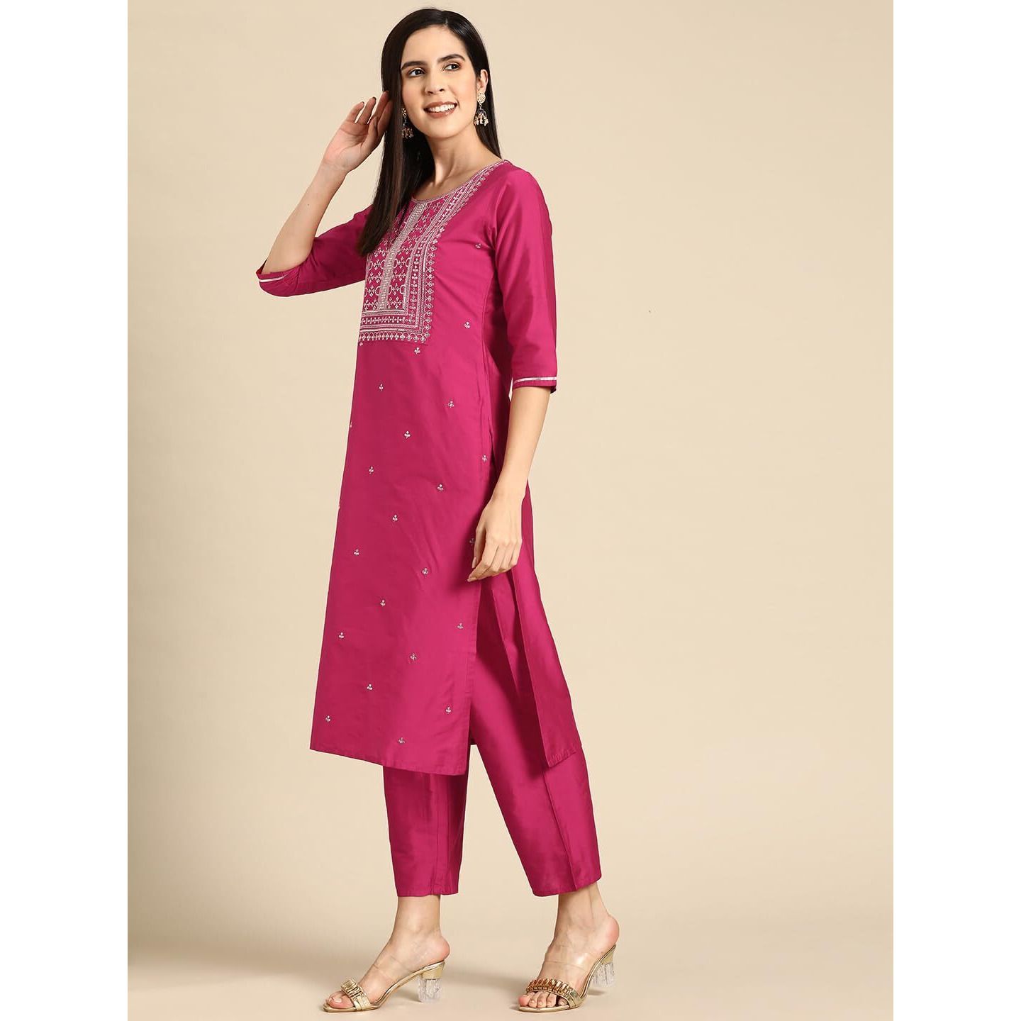 Libas Pink Yoke Design Silk Blend Straight Kurta With Trousers & Dupatta