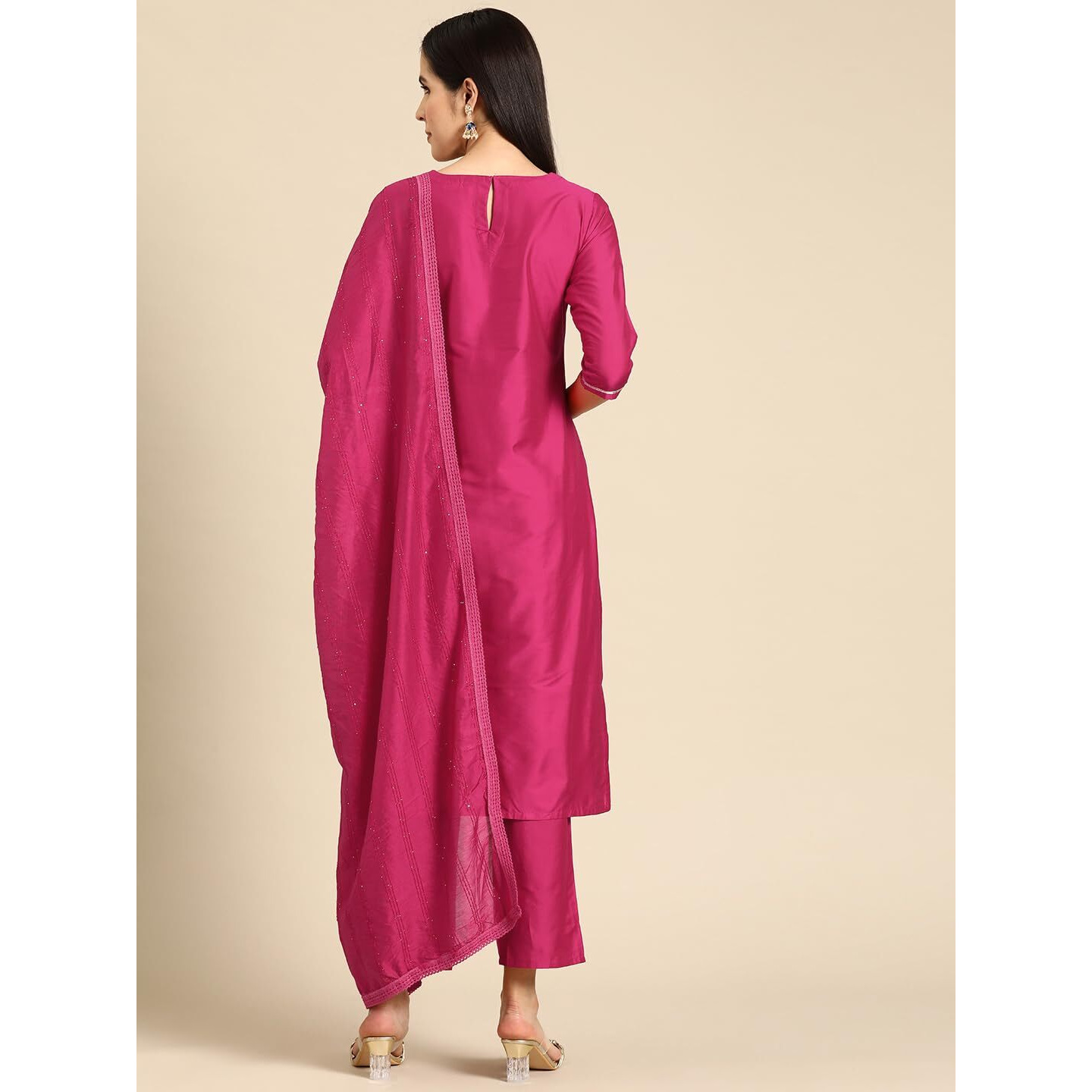 Libas Pink Yoke Design Silk Blend Straight Kurta With Trousers & Dupatta