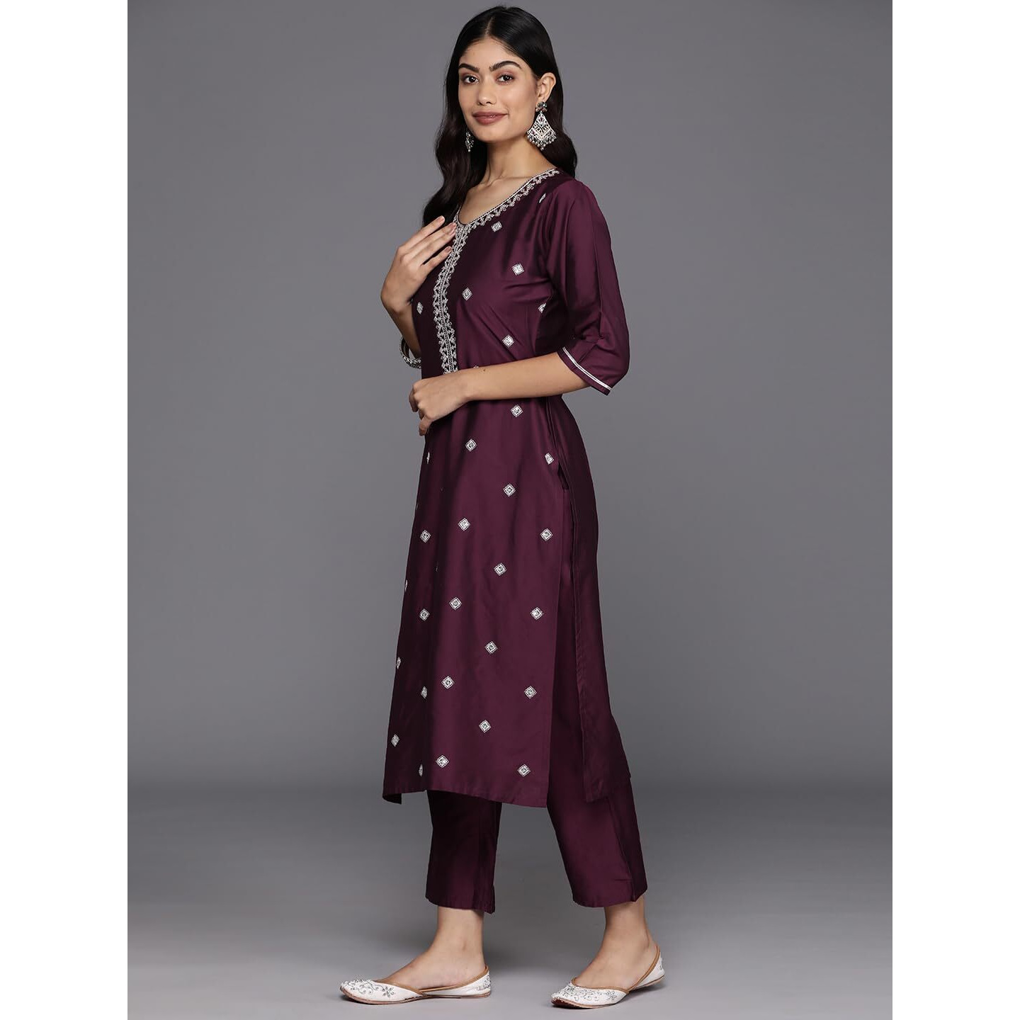 Libas Gerua Womens Embroidered Silk Blend Straight Kurta With Trousers And Dupatta
