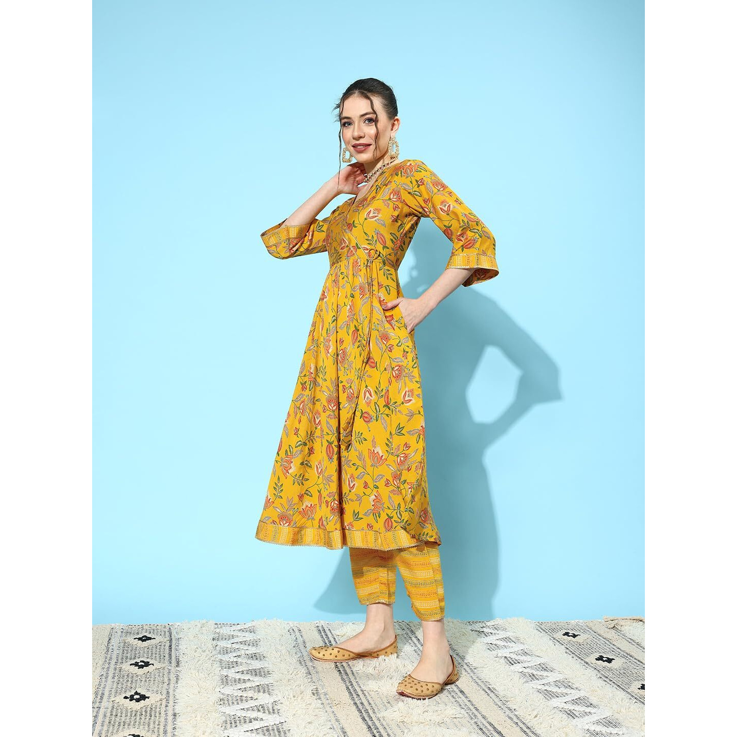 Libas Women's Silk Blend Floral Kurta Sets (34662_Yellow, Xl