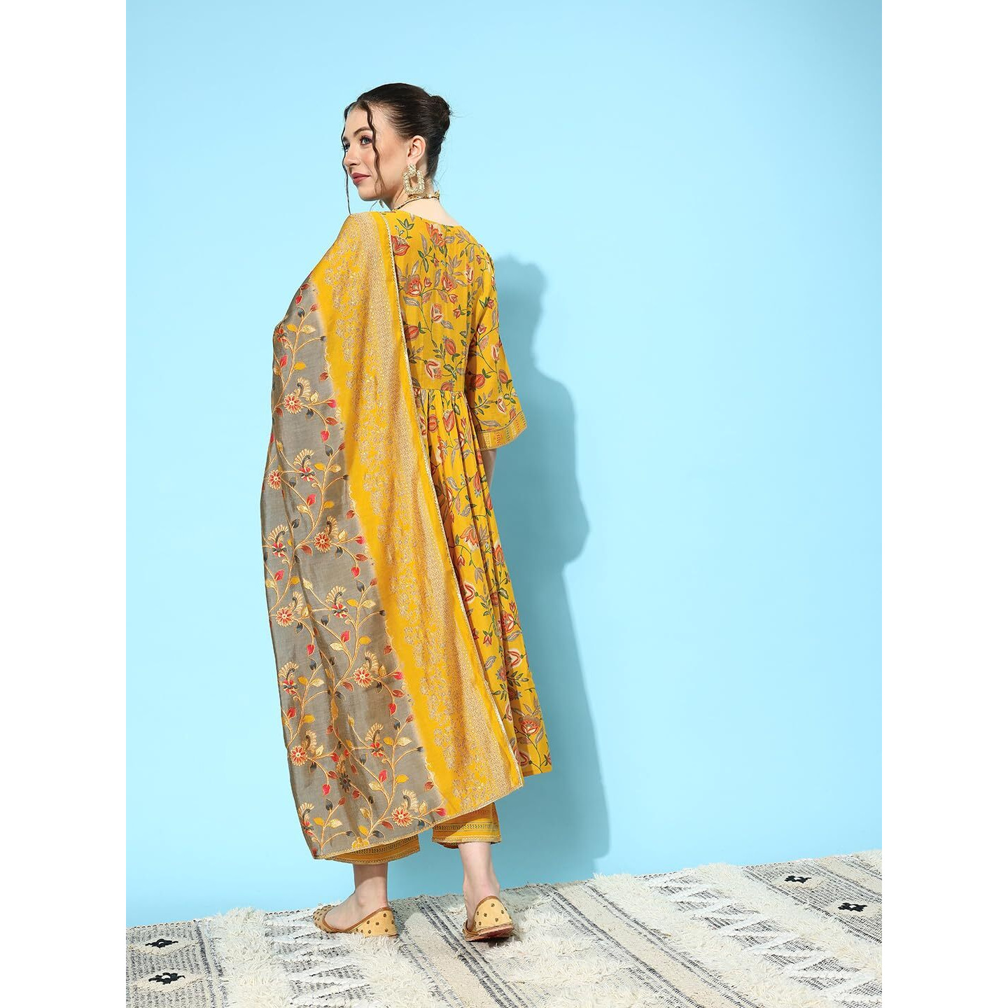 Libas Women's Silk Blend Floral Kurta Sets (34662_Yellow, Xl