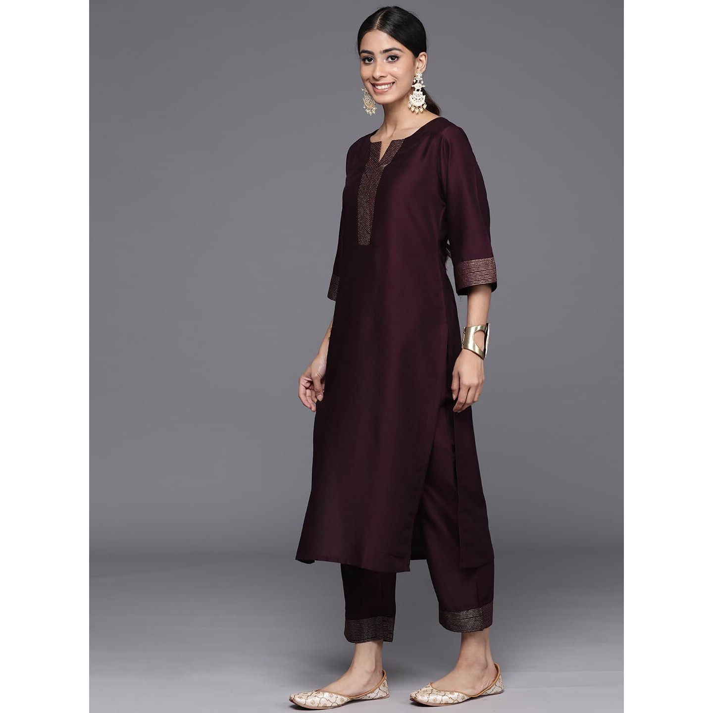 Libas Womens Solid Silk Blend Straight Kurta With Trousers
