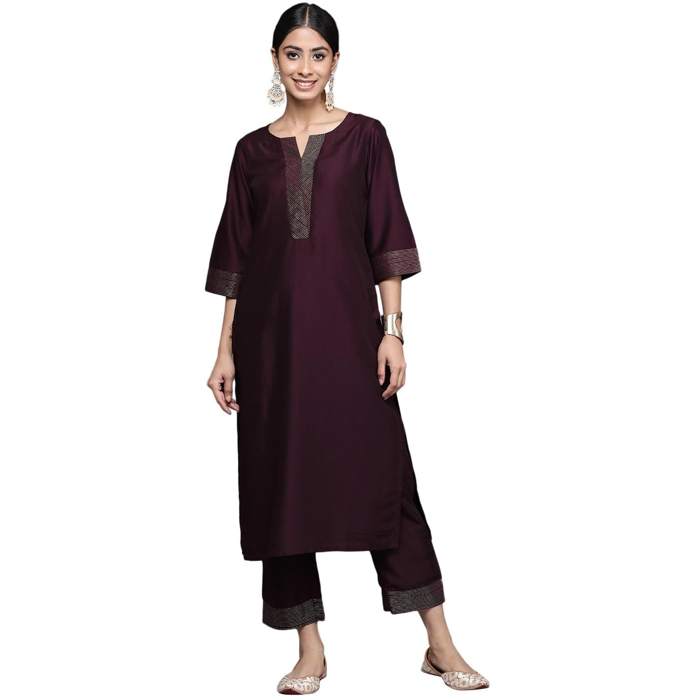 Libas Womens Solid Silk Blend Straight Kurta With Trousers