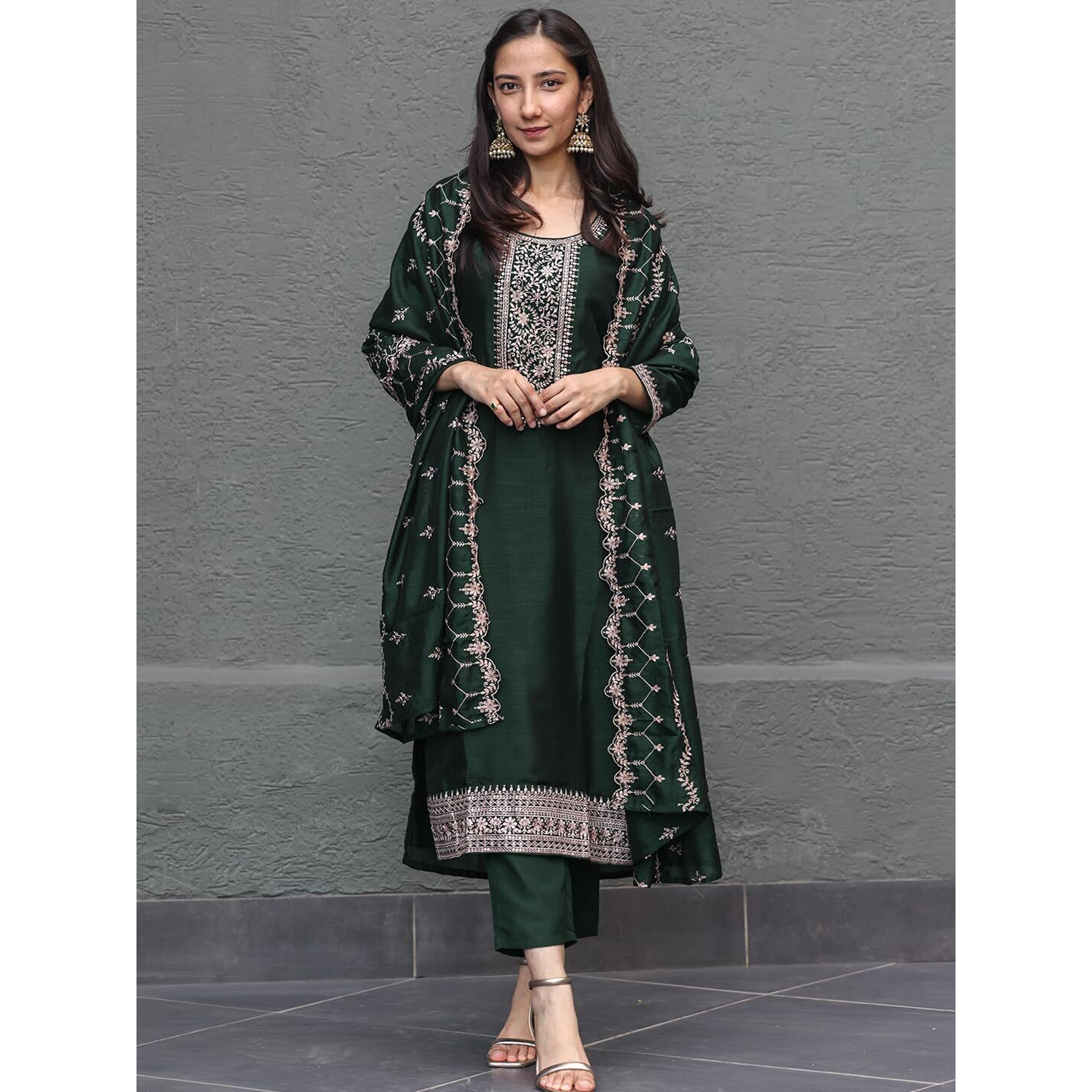 Libas Women's Silk Blend Kurta Sets (48172_Bottle Green