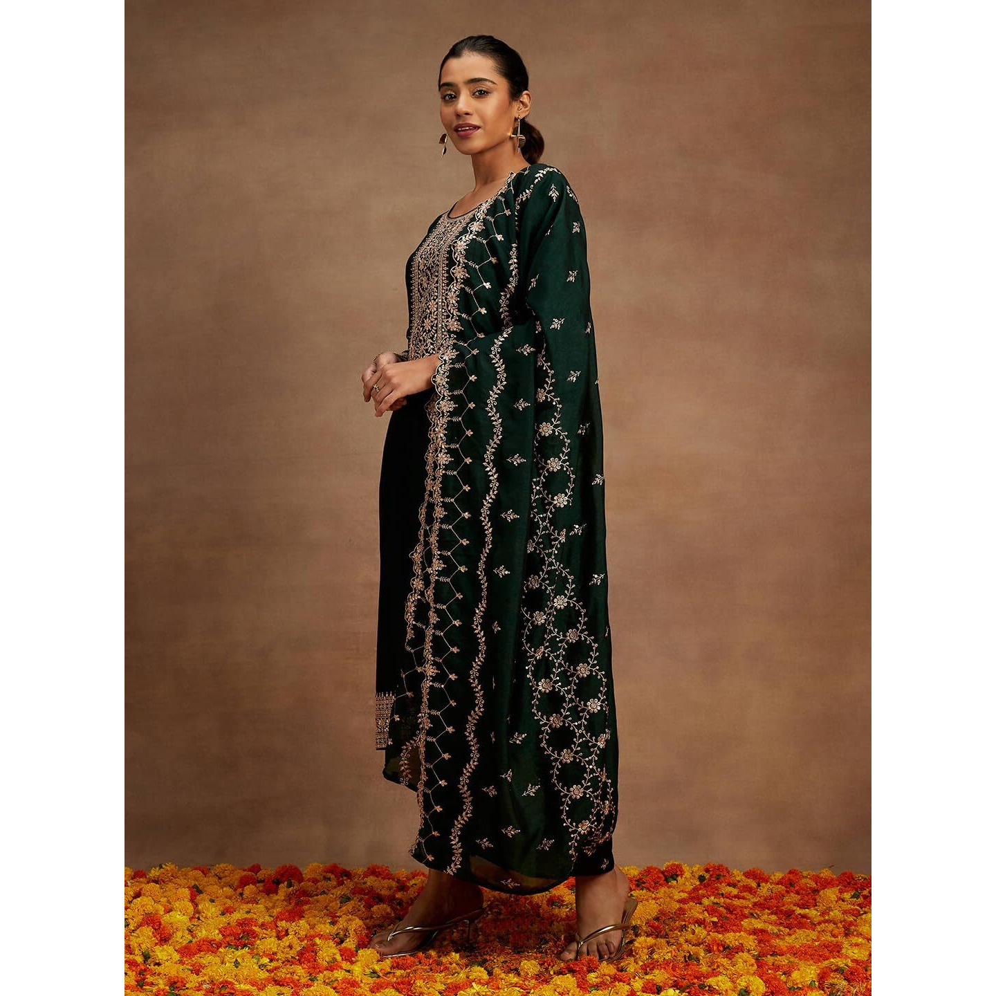 Libas Women's Silk Blend Kurta Sets (48172_Bottle Green