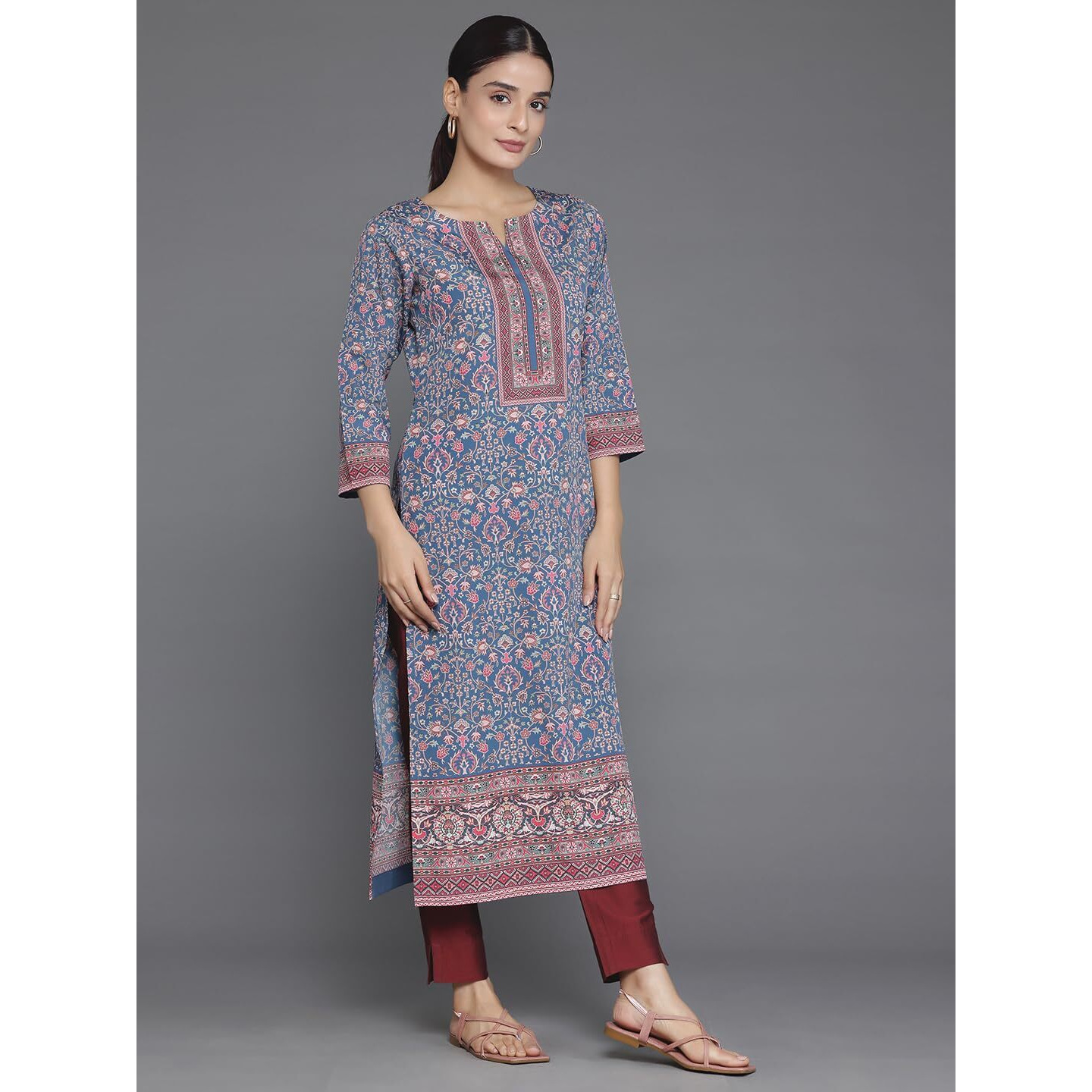 Libas Women's Crepe Printed Straight Kurta (26534_Blue