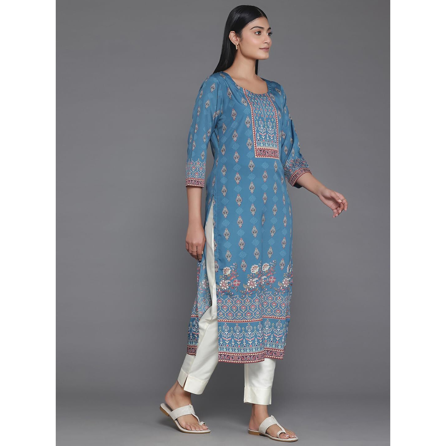 Libas Women's Crepe Printed Straight Kurta (26560_Teal
