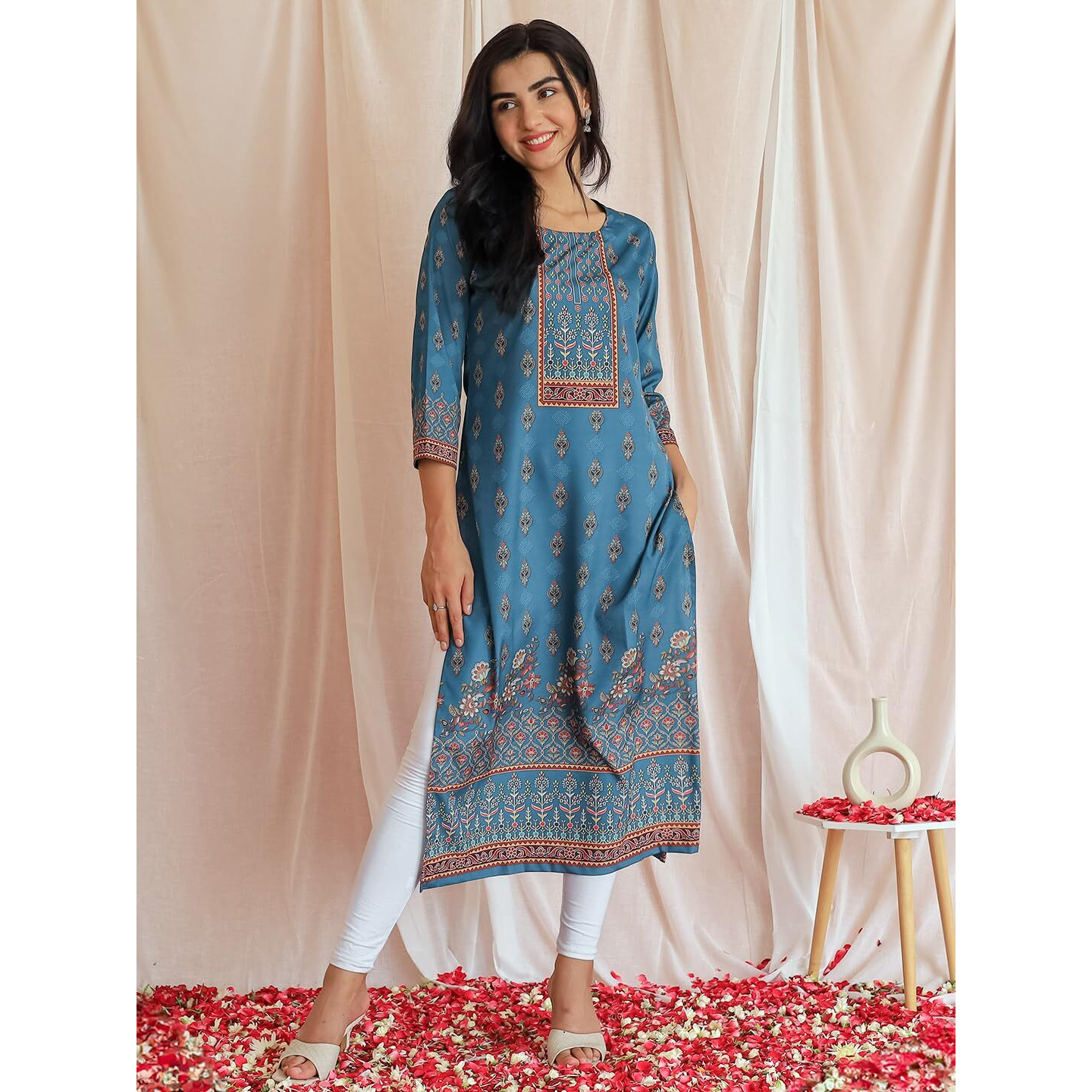 Libas Women's Crepe Printed Straight Kurta (26560_Teal