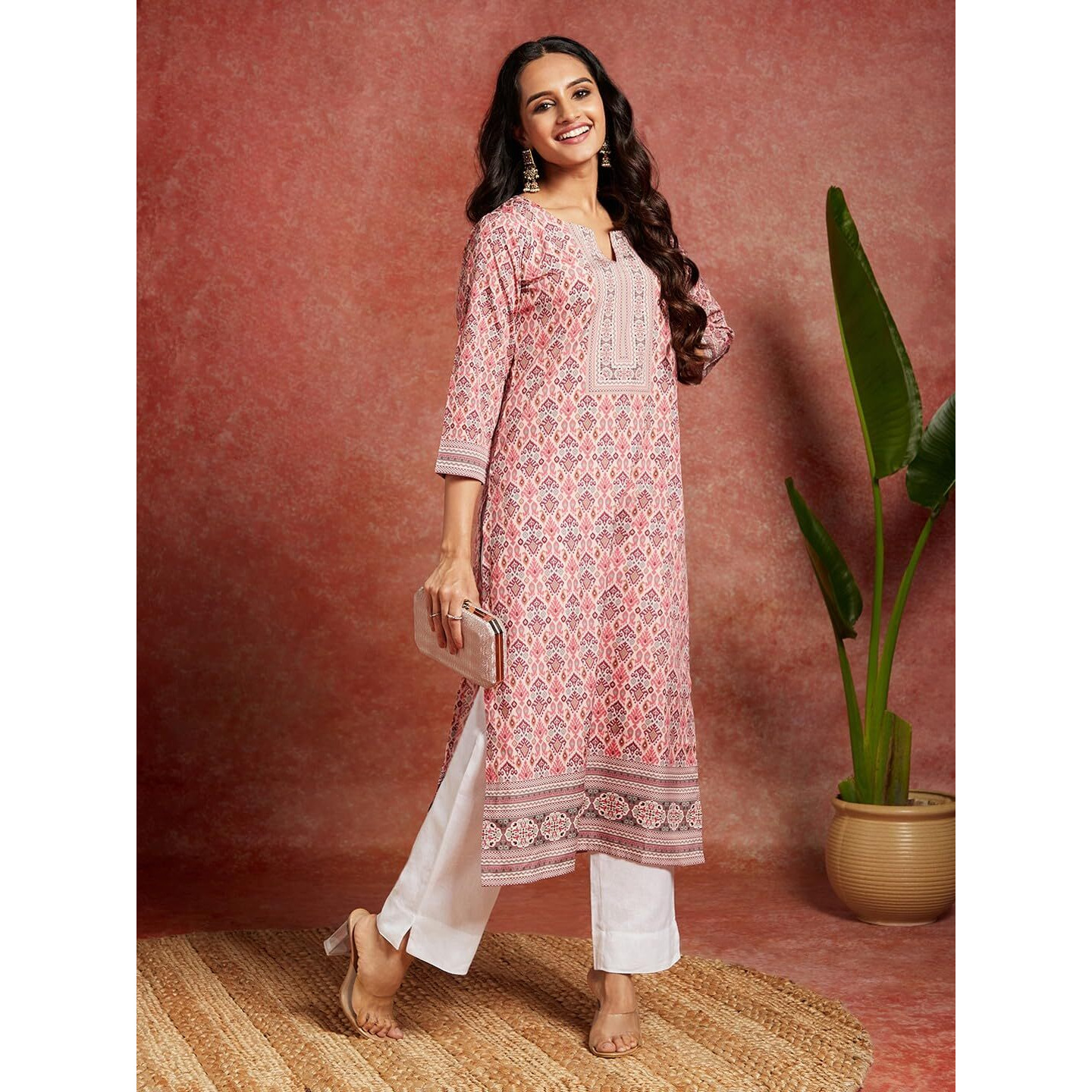 Libas Women's Crepe Printed Straight Kurta (26535_Pink