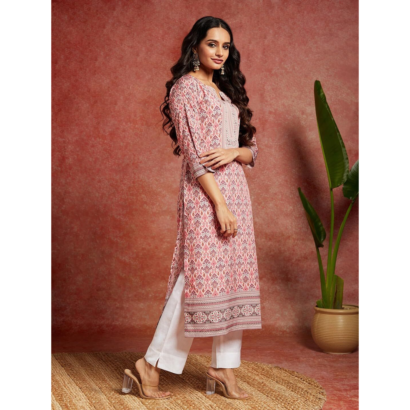 Libas Women's Crepe Printed Straight Kurta (26535_Pink