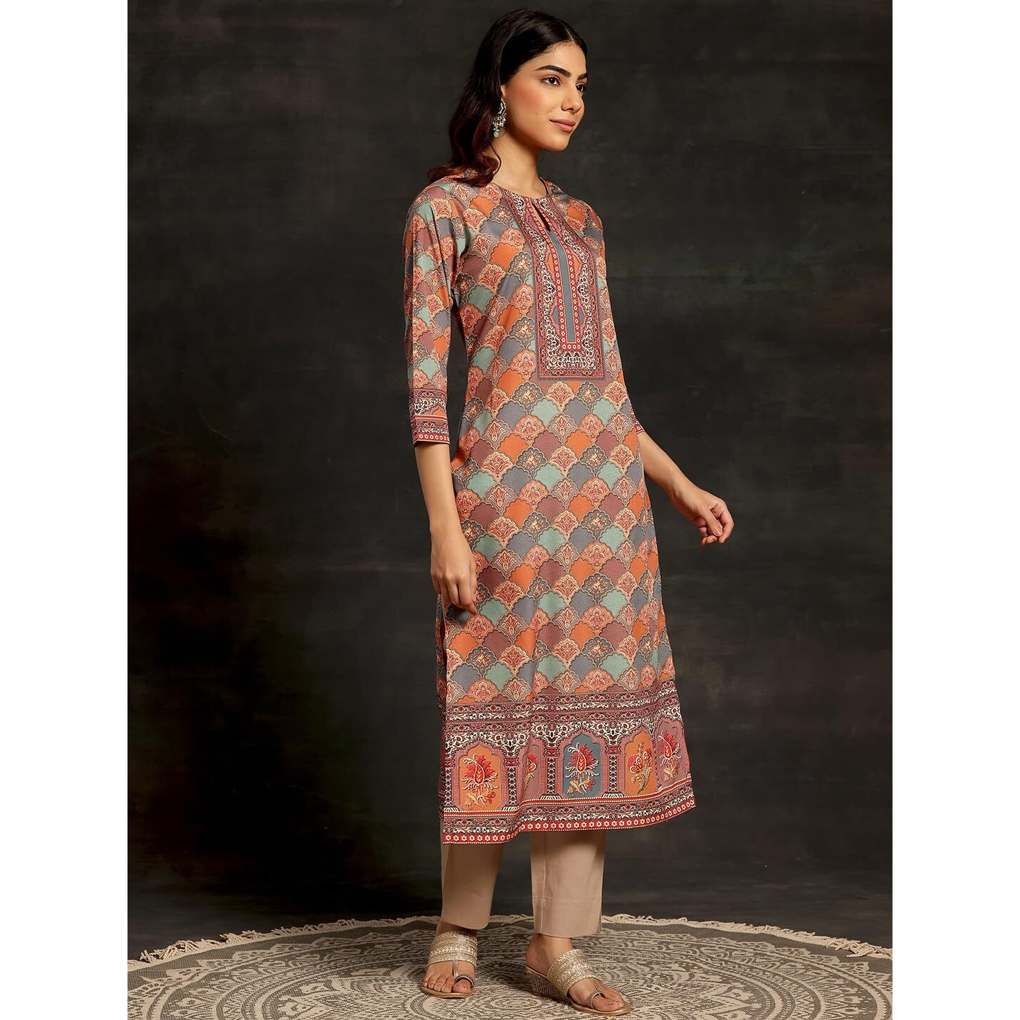 Libas Women's Crepe Printed Straight Kurta (26553_Multicoloured