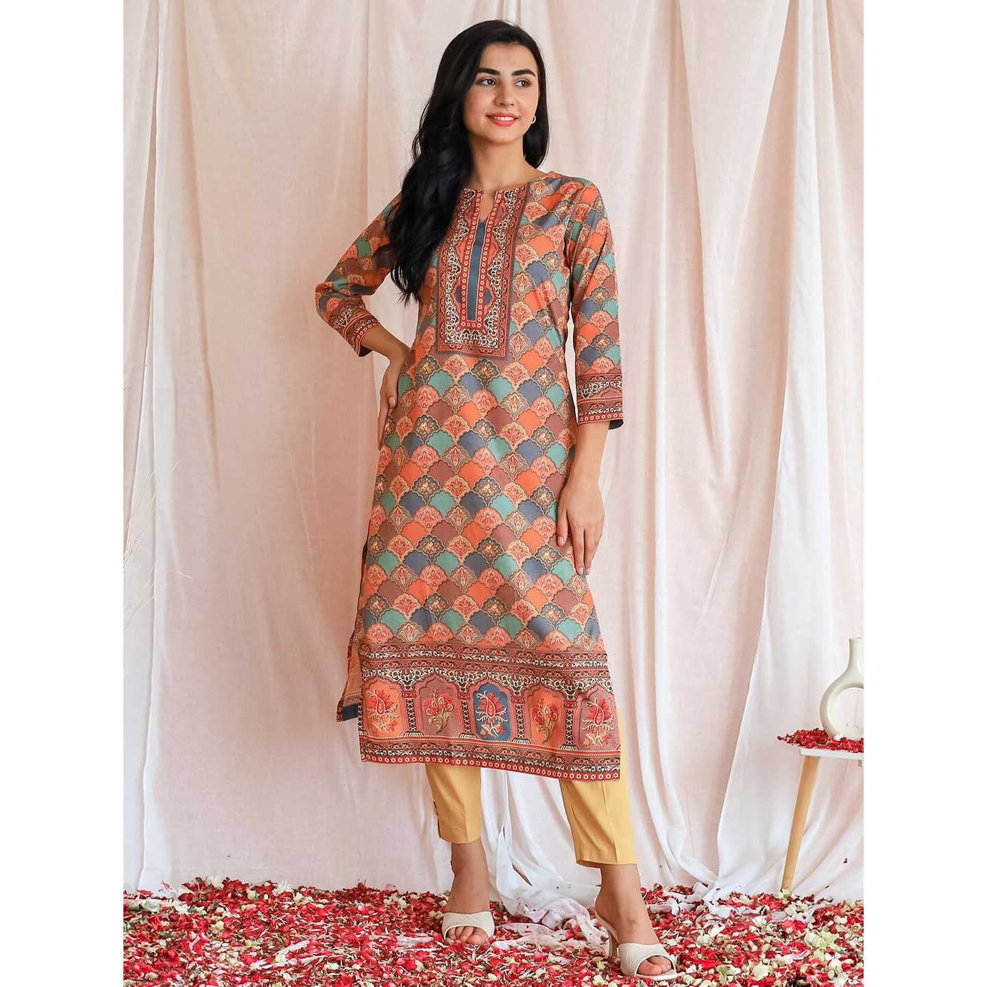 Libas Women's Crepe Printed Straight Kurta (26553_Multicoloured