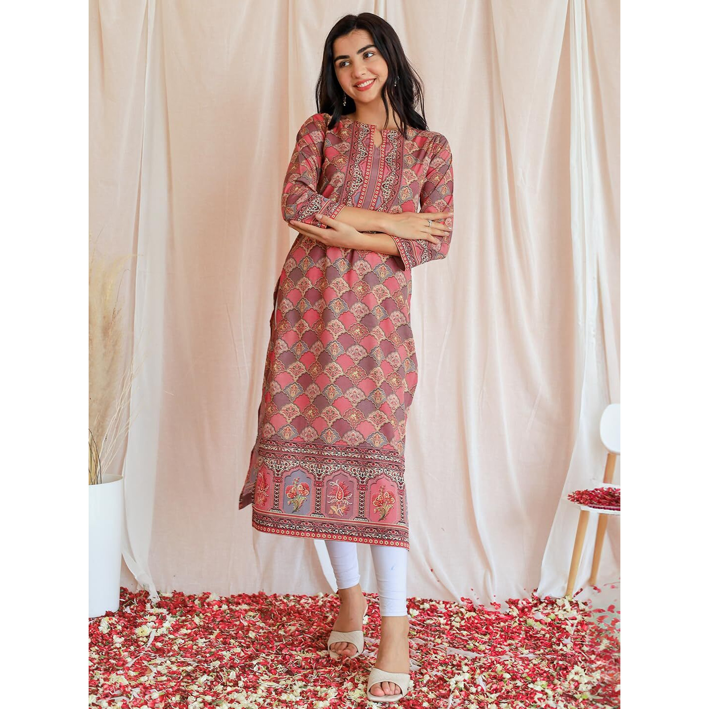 Libas Women's Crepe Printed Straight Kurta (26552_Multicoloured