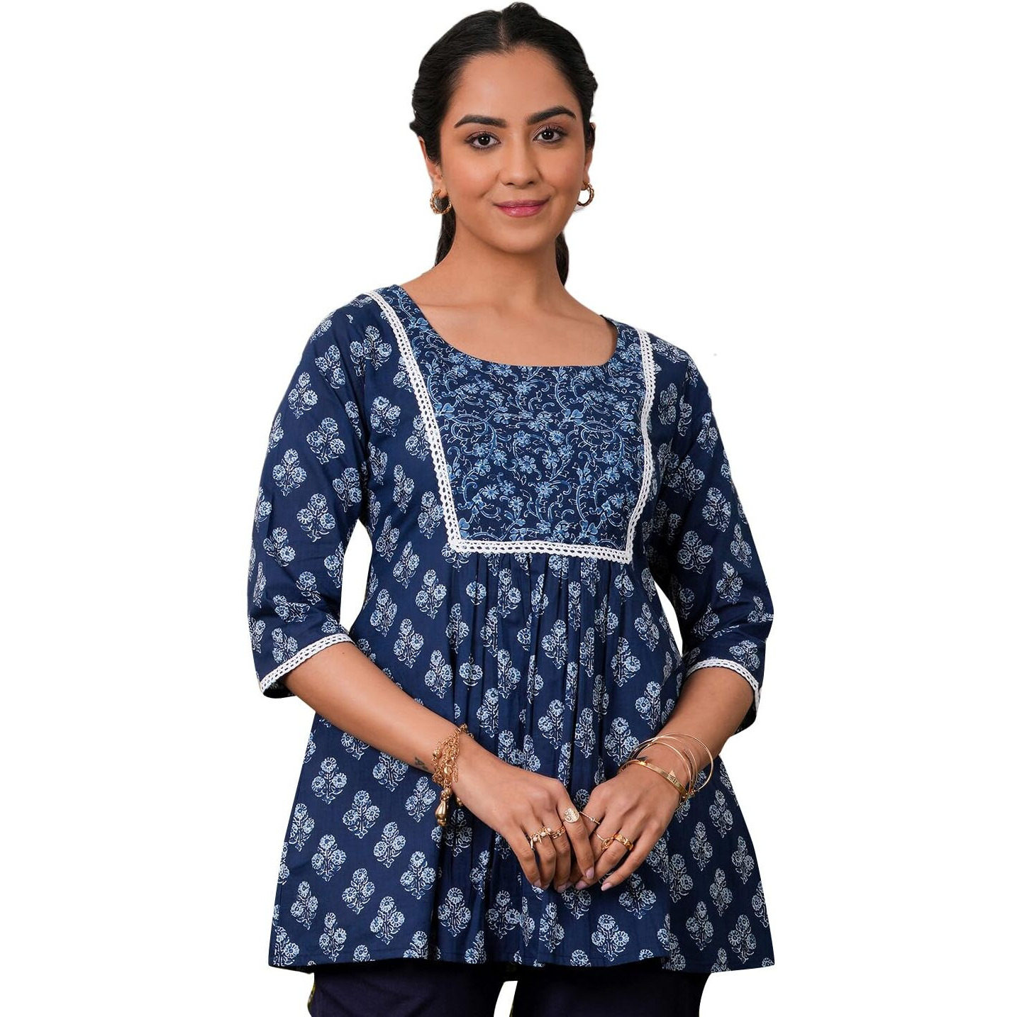 Libas Women's Cotton Printed Aline Kurtis (26568_Indigo