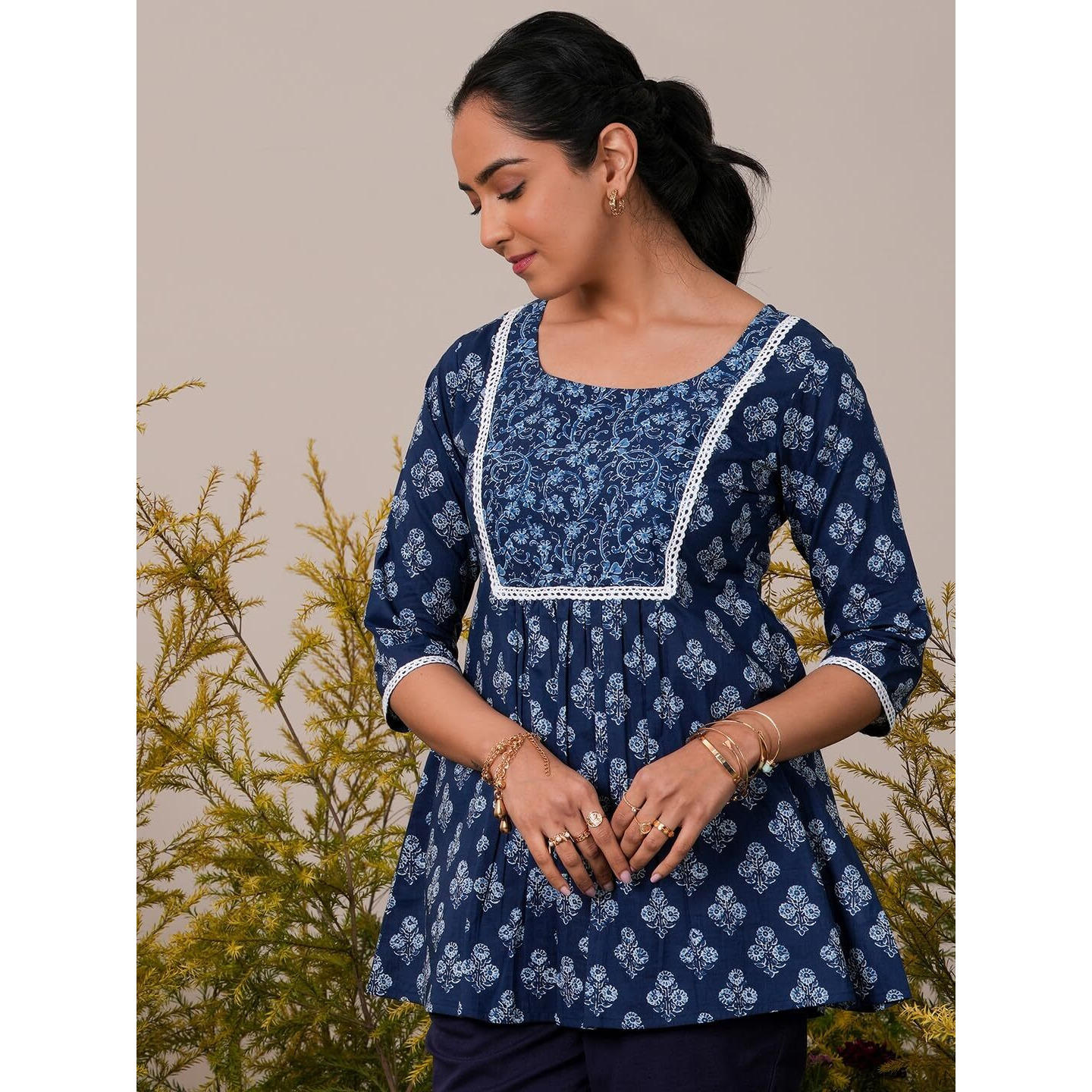 Libas Women's Cotton Printed Aline Kurtis (26568_Indigo