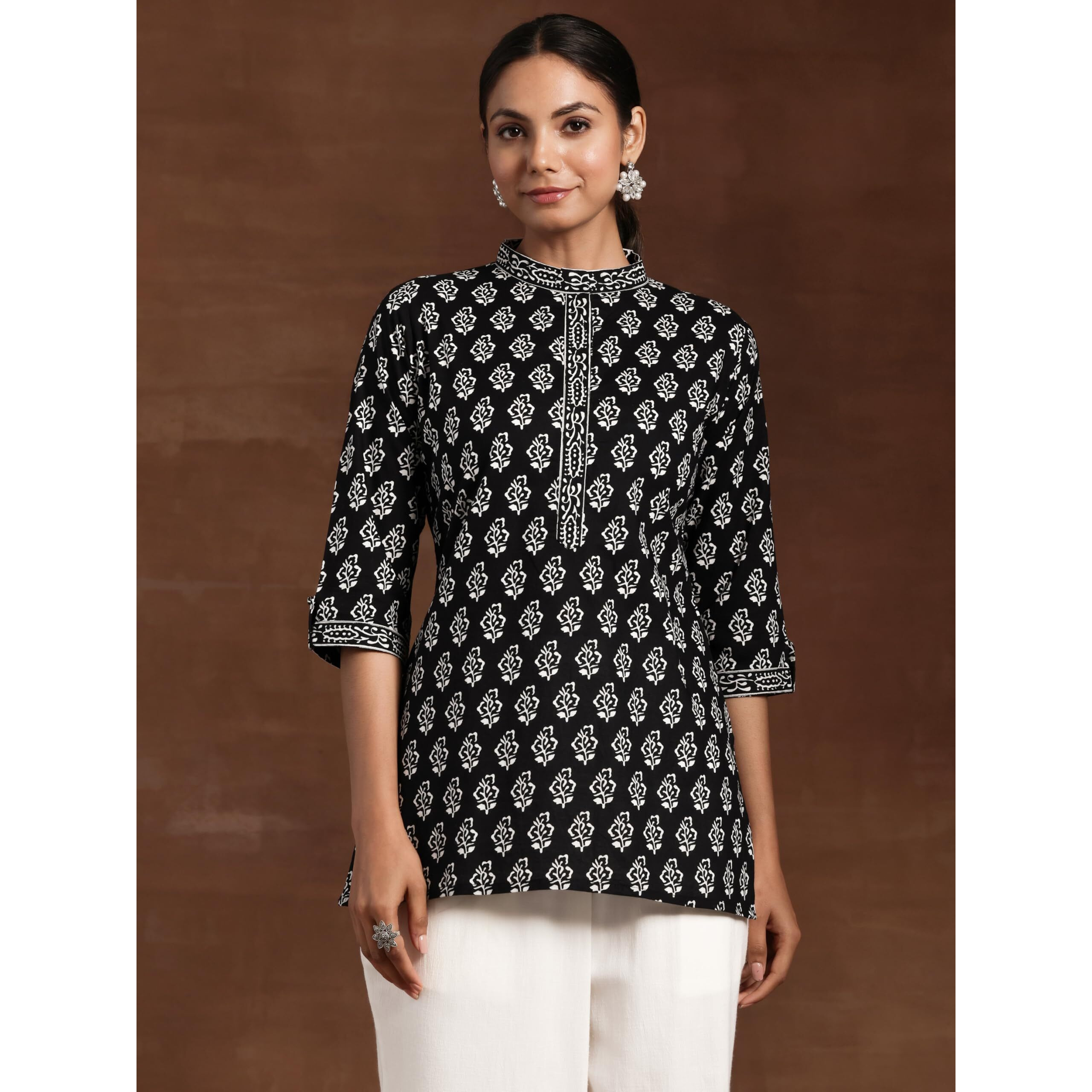 Libas Women's Cotton Printed A-Line Kurtis (26584_Black