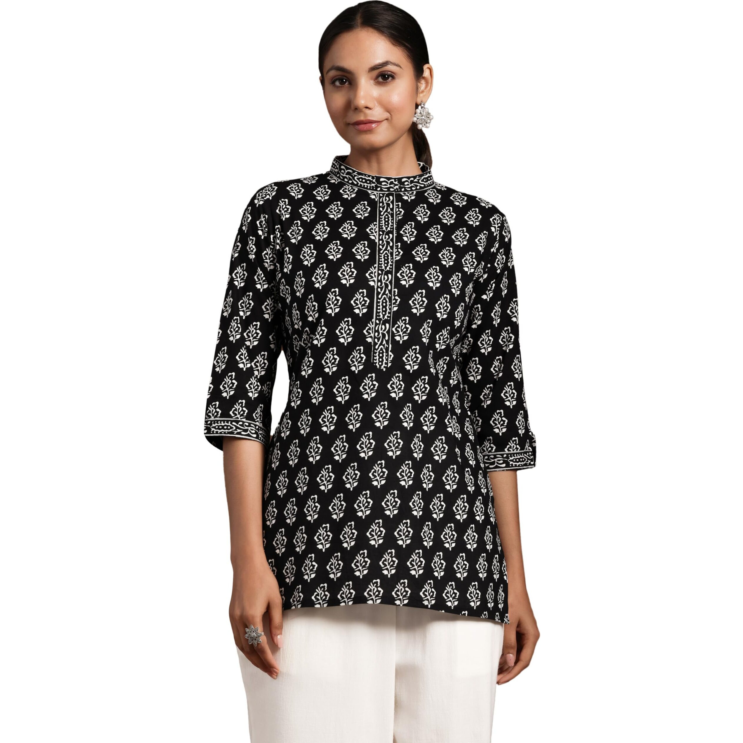 Libas Women's Cotton Printed A-Line Kurtis (26584_Black