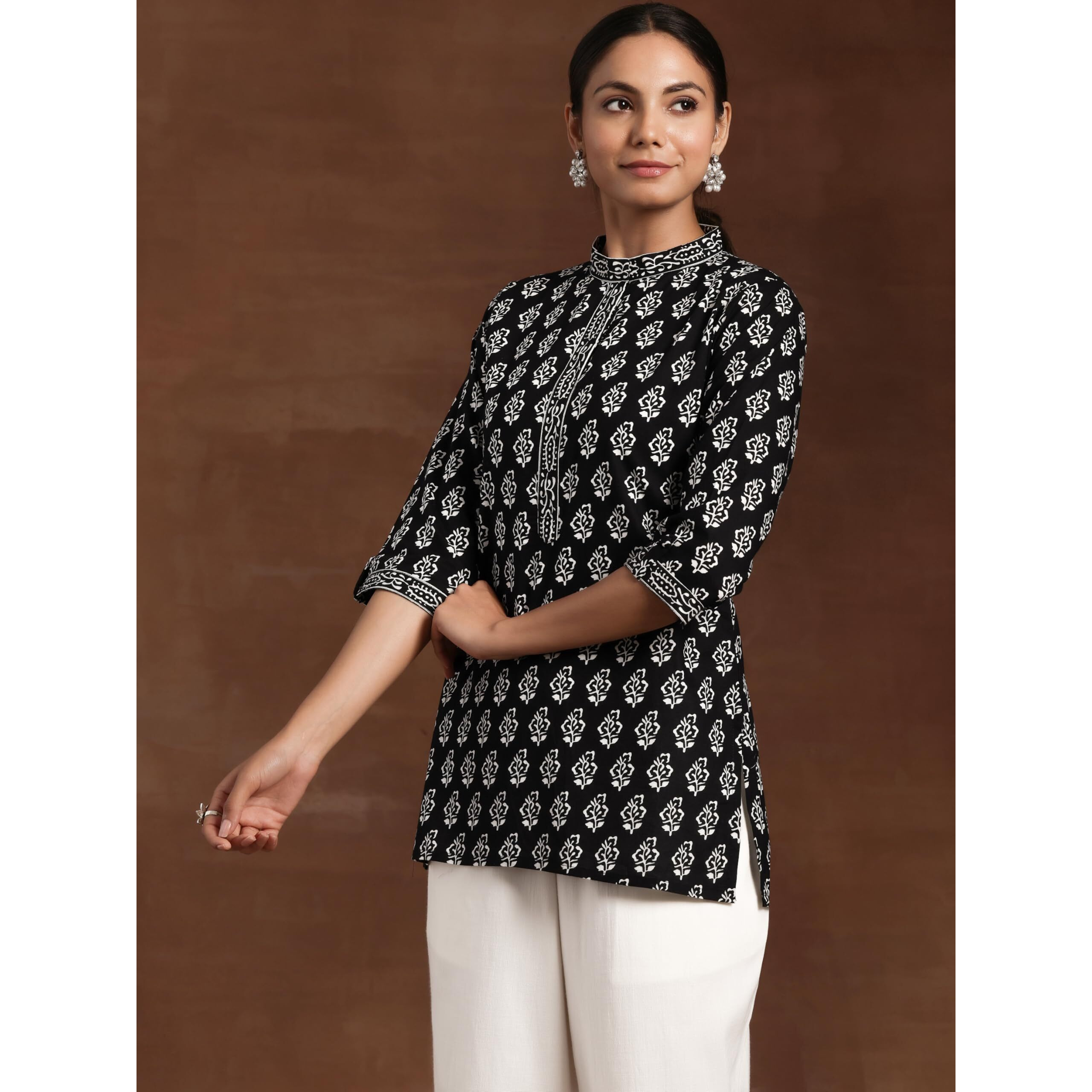 Libas Women's Cotton Printed A-Line Kurtis (26584_Black