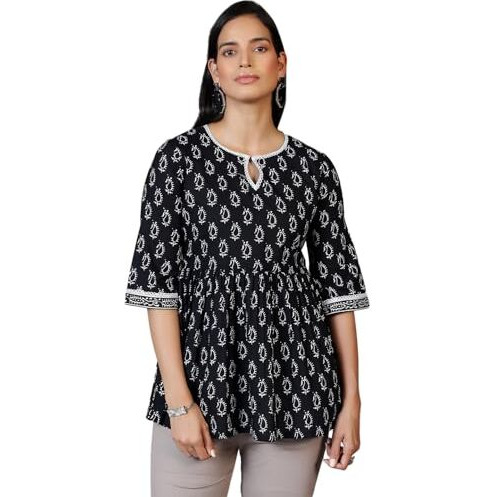 Libas Women's Pure Cotton Printed A-Line Kurtis (26590_Black