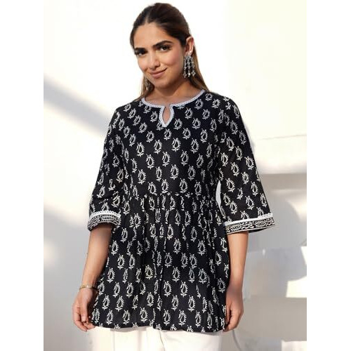 Libas Women's Pure Cotton Printed A-Line Kurtis (26590_Black
